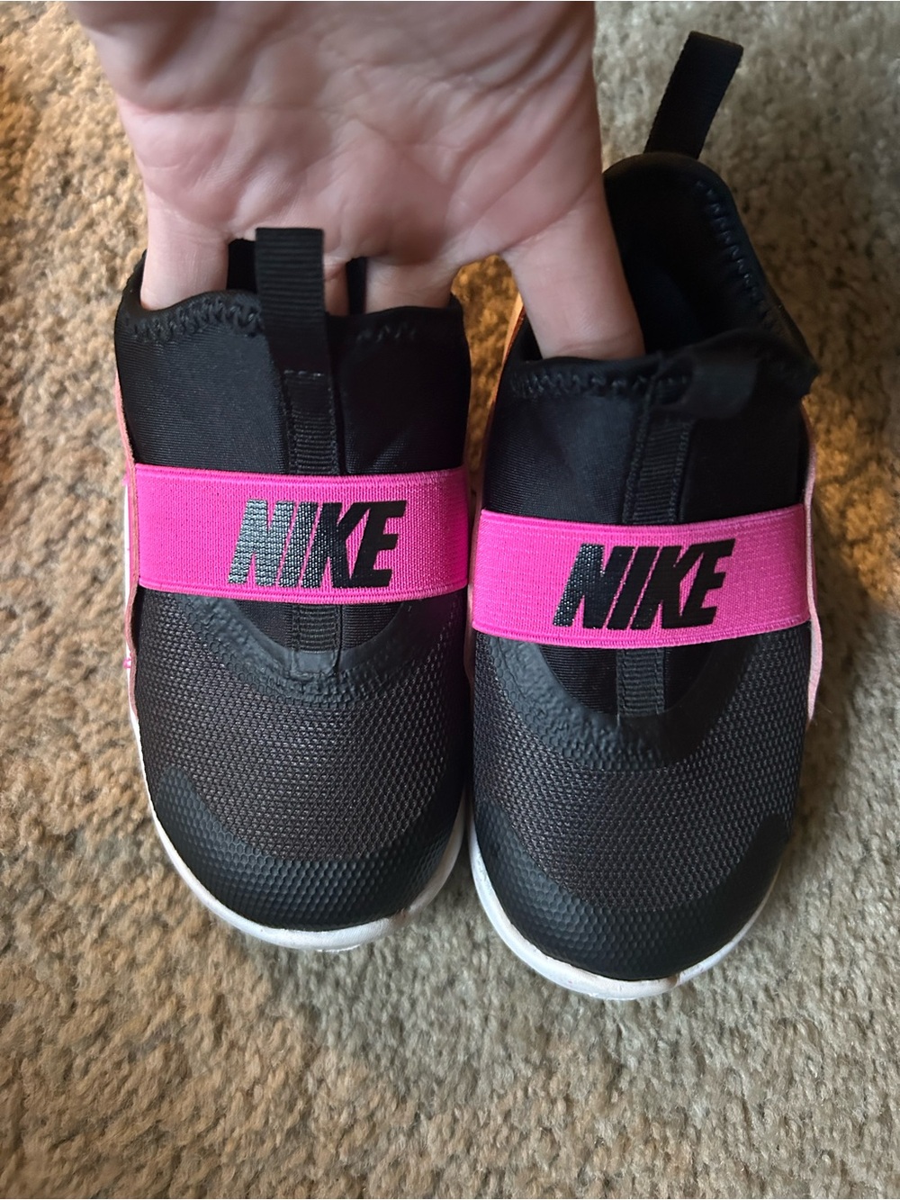 Nike Kids Black Slip-On Sneakers with Bright Pink Strap & all blk nikes both $25
